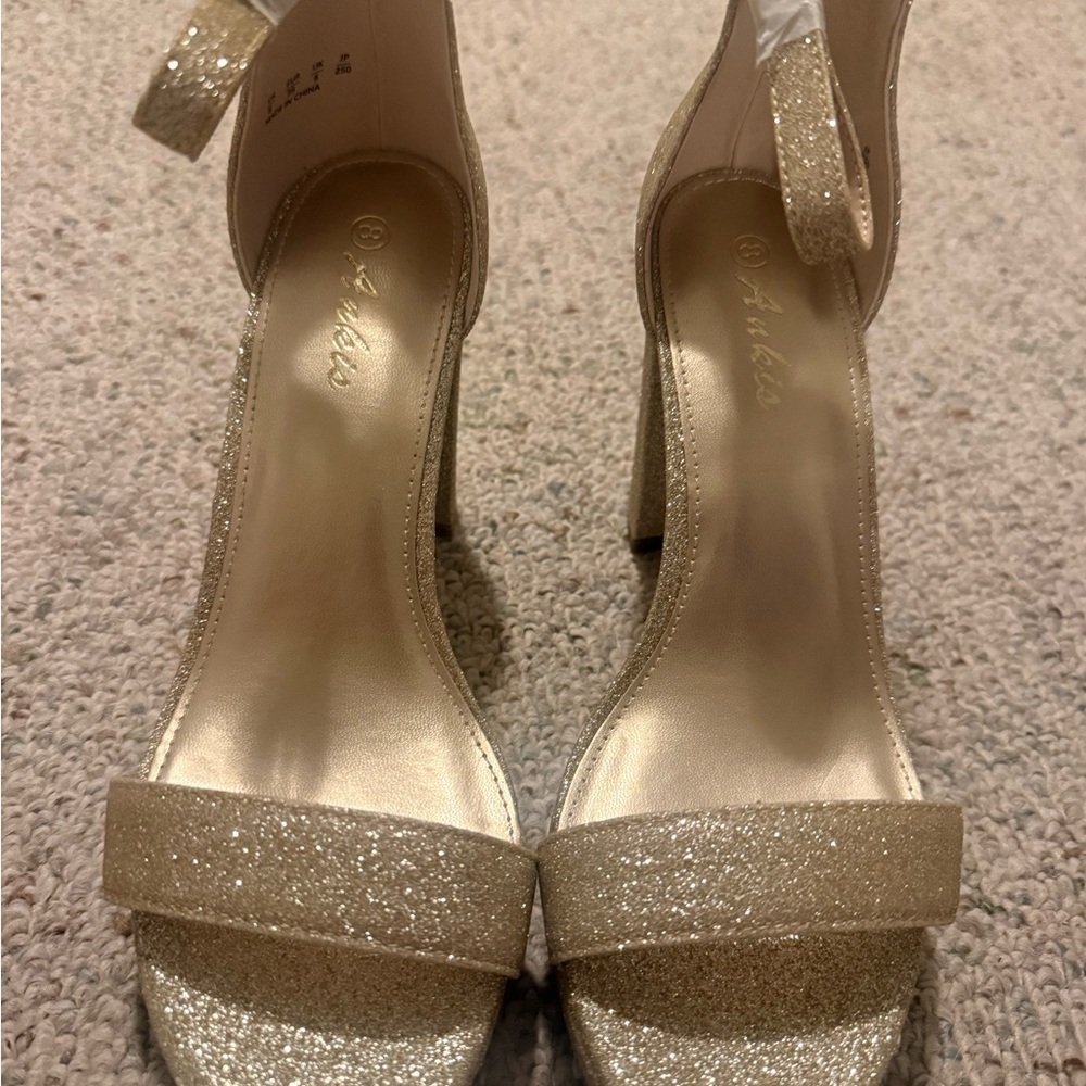 Glitter Ankle-Strap Block Heels - Gold